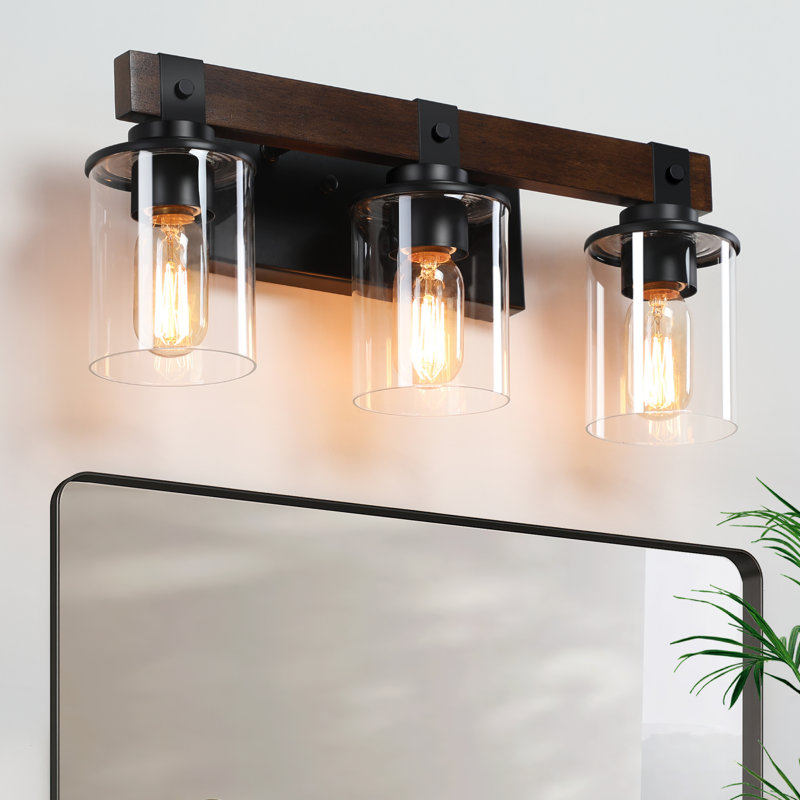 Miroir de salle de bain 3 lumières à intensité variable avec abat-jour en bois et verre DAKAFUL, 3