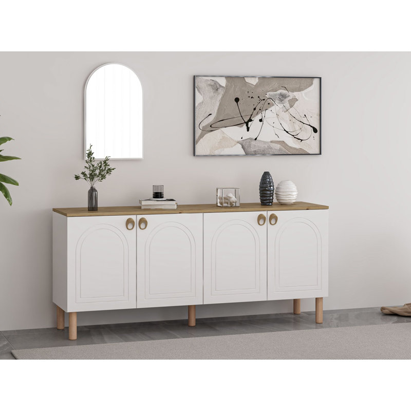 Modern White Console Table with Mirror, 70.9 x 31.9 x 17.7 inches | 100% Melamine Coated Particle Board, Membrane Coated MDF Doors | Wall-Mountable with Numerous Shelves, Scandinavian Design, Elegant & Functional