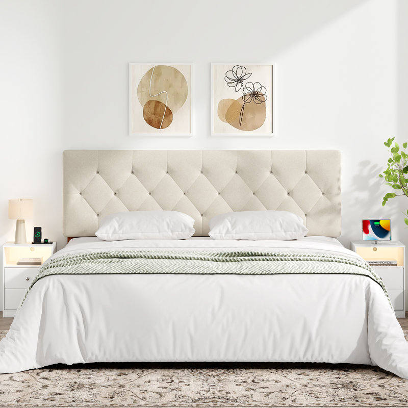 Tête de lit tapissier à hauteur ajustable, beige grand, Beige, Grand lit