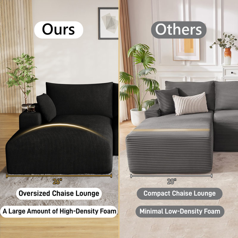 Adame Oversized Corduroy Modular Sectional Sofa with Deep Chaise Dual Cup Holders and No Assembly, Left Hand Facing, Black