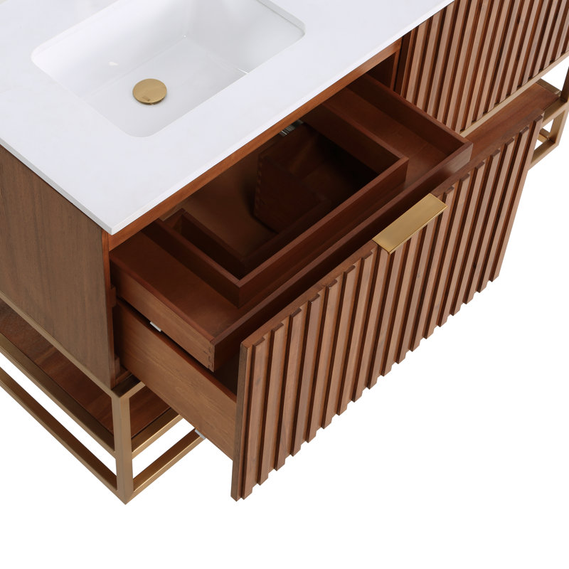 Terra 60'' W Double Vanity, White Quartz/Single Faucet Mount, Walnut, Satin Brass
