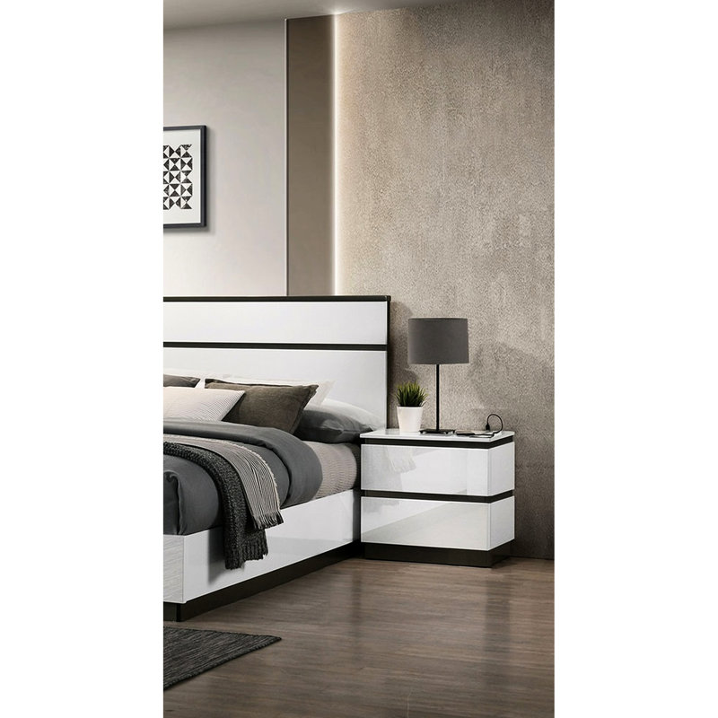 Table de chevet blanche avec glissières à roulement, poignées dissimulées, conception à deux tons, chevet de ton moderne pour chambre à coucher, tiroirs asymétriques, tiroirs