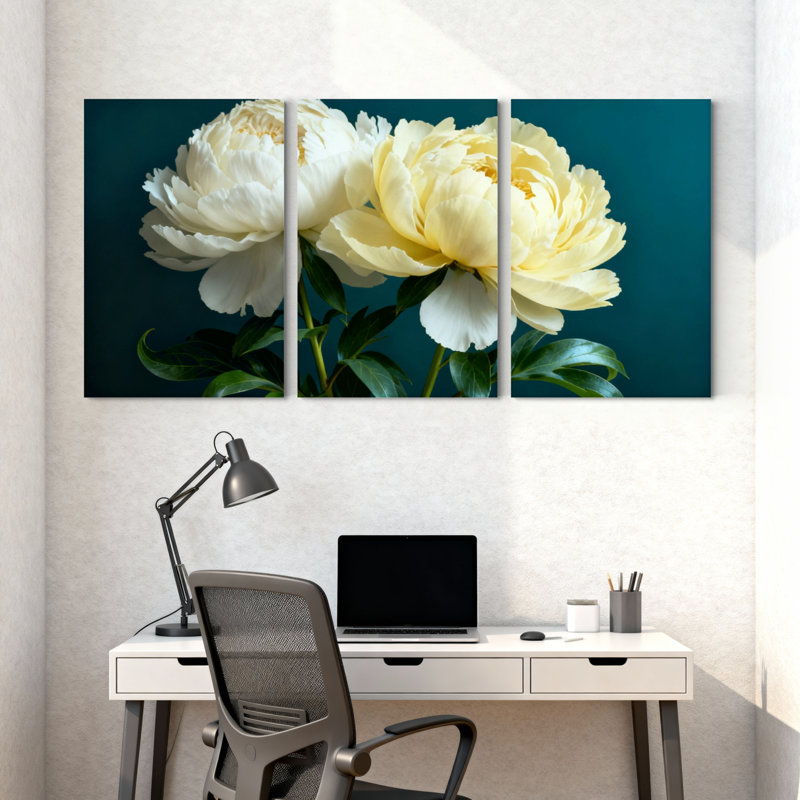 Pivoine, pivoines blanches sur fond foncé, ensemble de 3 impressions sur toile, H 36 po x l 72 po