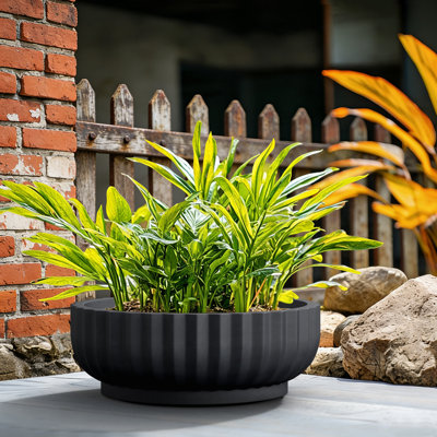 15 in. Medium Matte Black(Upgraded Interior) Concrete Round Planter / Pot Ribbed Design Planter Bowl with Drainage Hole