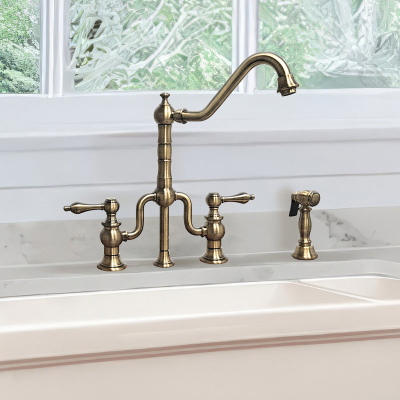 Whitehaus Bridge Faucet with Long Traditional Swivel Spout, Solid Side Spray, Antique Brass, Lever Handle