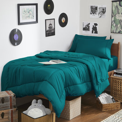 7PC Campus Ready Dorm Twin XL Bedding Bundle, Solid Comforter, Pillows And Sheet Set