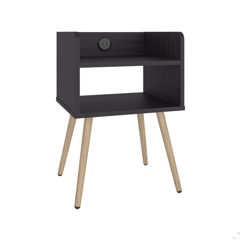 Table de chevet moderne avec station de charge USB intégrée, tablettes de rangement ouvertes à 2 niveaux et 4 pieds, Black