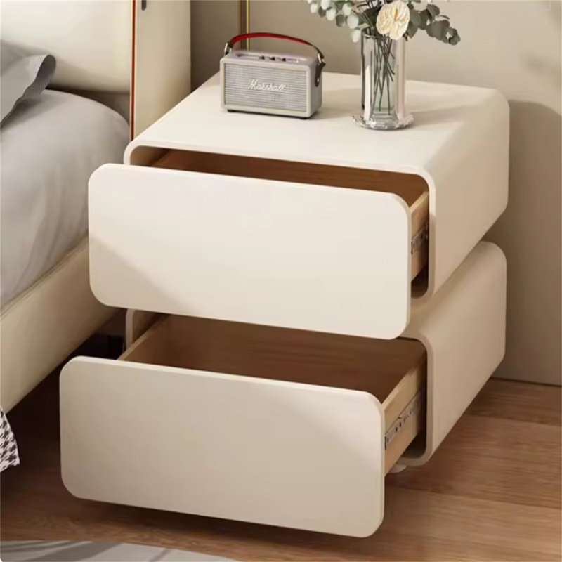 Modern White Nightstand with 2 Drawers, Rounded Corner Bedside Table with Solid Base, Minimalist Storage Cabinet for Bedroom, Small Space Friendly End Table with Smooth Finish