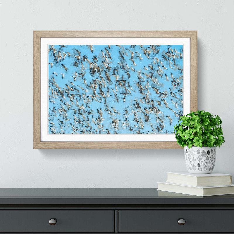 Snow Geese in Flight in Abstract - Picture Frame Graphic Art Print, 27cm H x 36cm W x 2cm D, Oak Framed