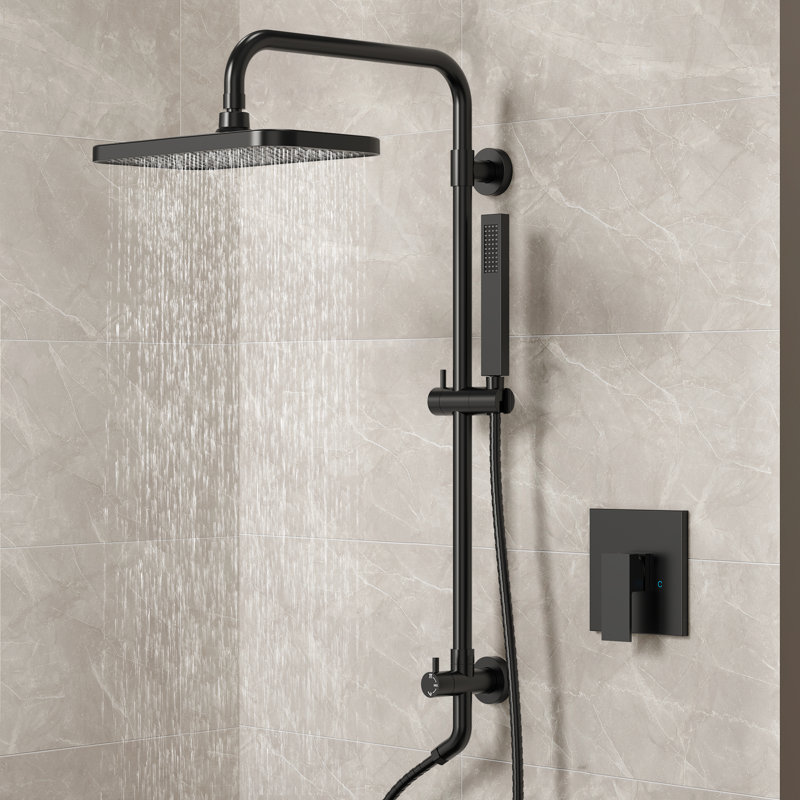Wall Mount Pressure-Balanced Shower System, 13" Rainfall Shower Head with Slider Bar Handheld Spray, Matte Black