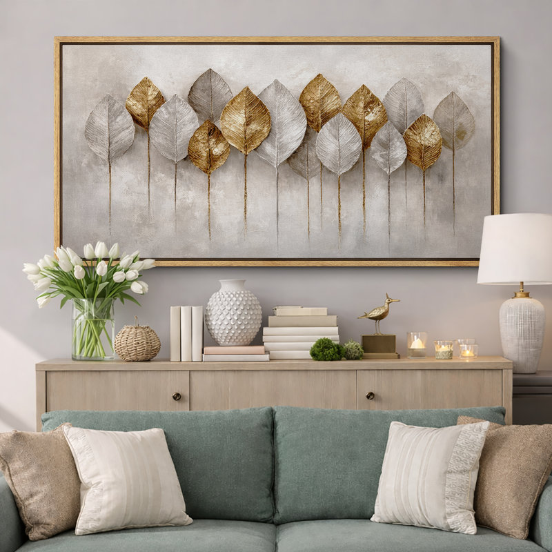 «Neutral Metallic Leaf Arrangement», impression botanique moderne sur toile encadrée, Naturel, H 30 po x l 60 po x P 1,5 po