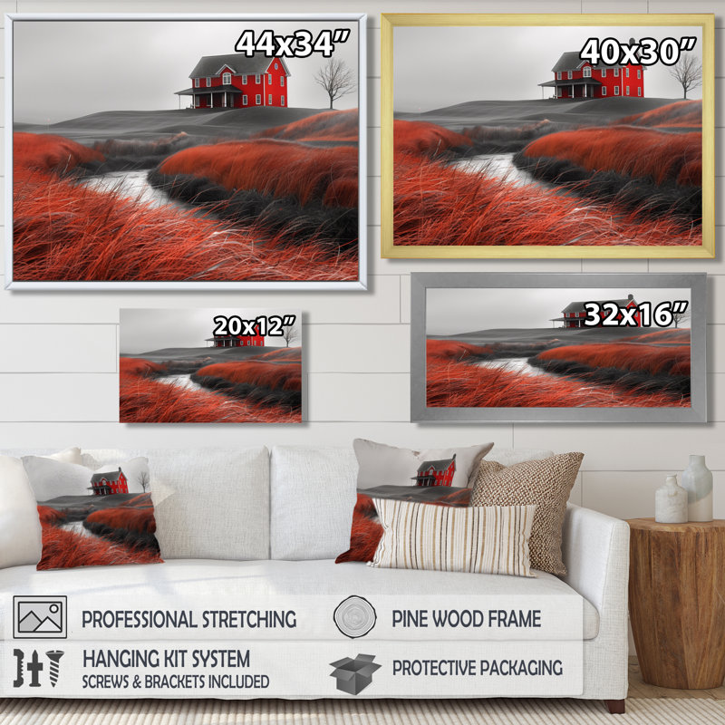 Rouge, rouge, automne, maison de campagne charmante I - art mural grange, Toile encadrée blanche avec une seule photo