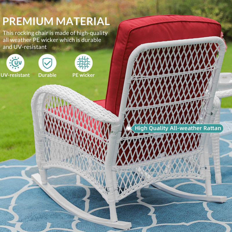 White Wicker Outdoor Rocking Chairs with Red Cushions