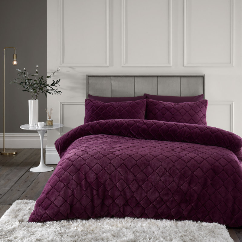Cosy Diamond Faux Fur Duvet Cover Set, Plum, Double