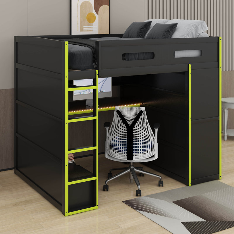 Lit mezzanine double en bois avec bureau, garde-robe et lumière DEL, Vert