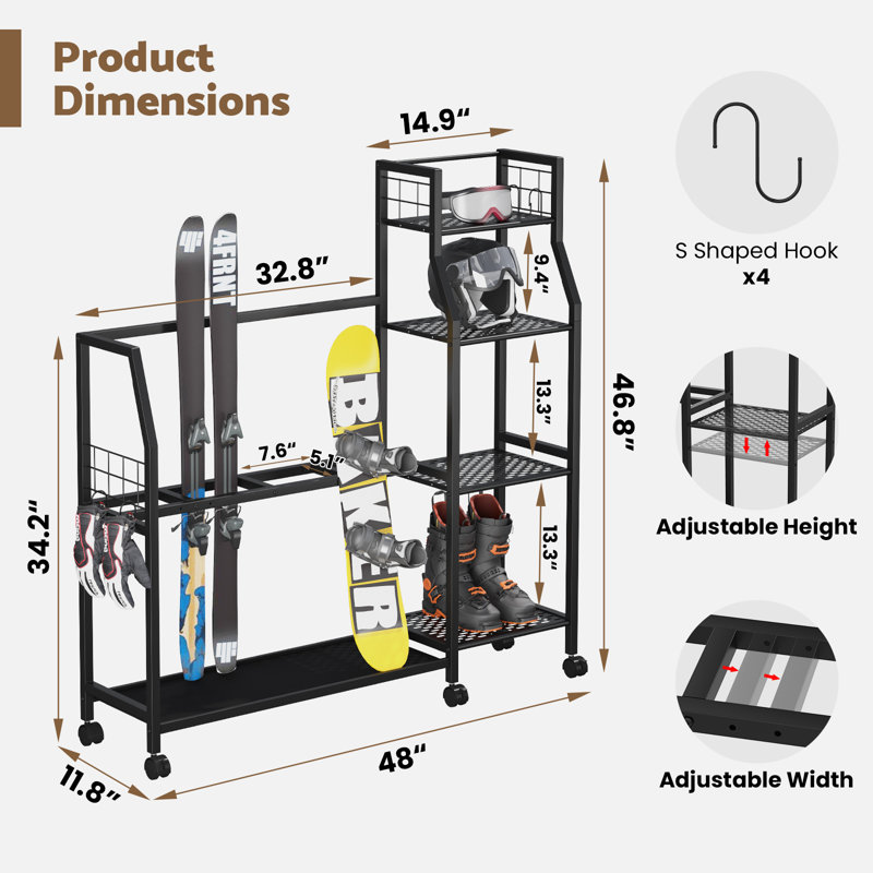 Freestanding Ski Storage Rack with 4-Tier Shelves, Ski Equipment Storage, Adjustable Bars, Ski and Snowboard Rack Organizer for Garage, Home