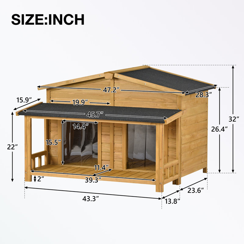 Niche pour chien en bois avec porche et 2 portes, Naturel / gris foncé