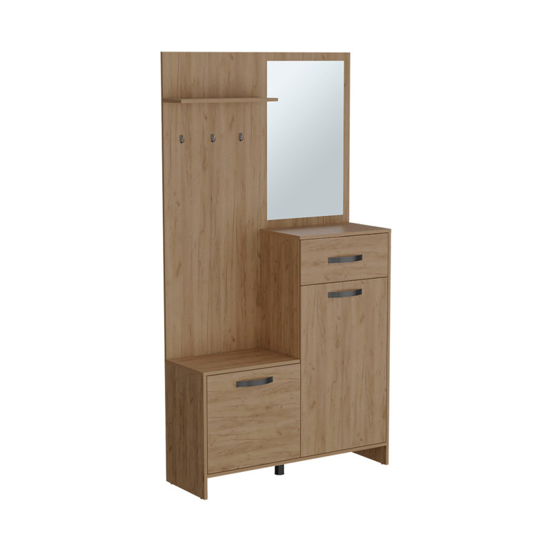 Hall Tree, 2 Doors, 1 Drawer, 1 Shelf, 1 Mirror