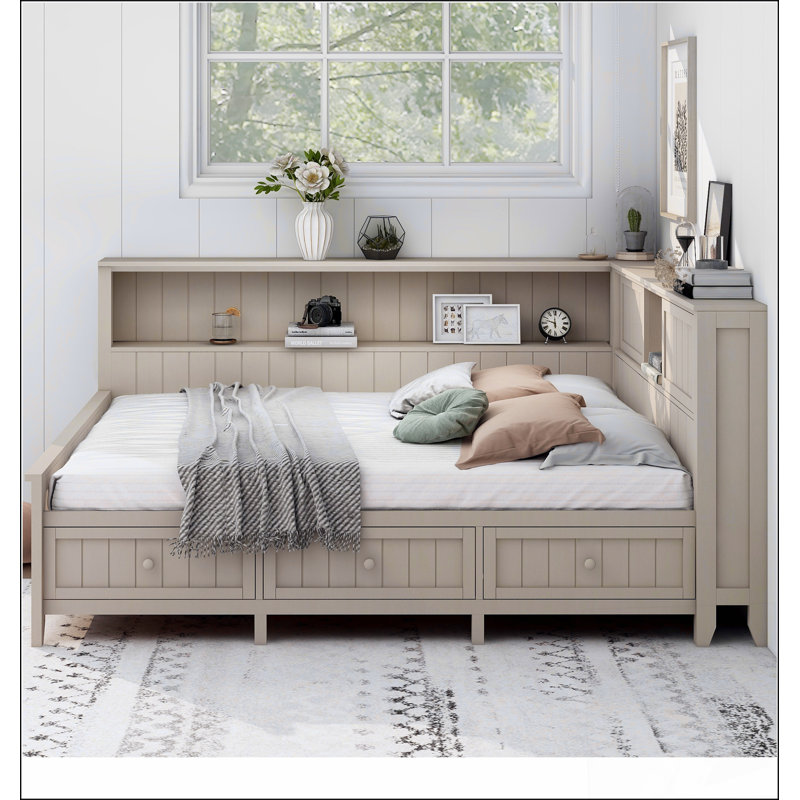 Lit de jour pleine grandeur en bois avec tablettes de rangement et 3 tiroirs, lait blanc antique