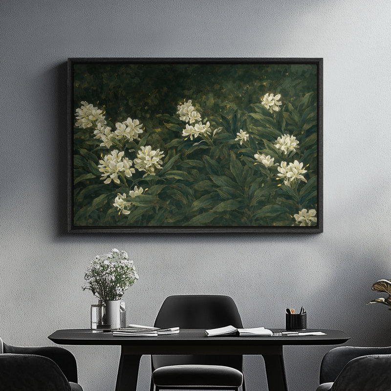 Art mural encadré sur toile - Arbustes botaniques classiques avec des fleurs blanches dans des tons de vert foncé - 16 po x 24 po, 24 po x 36 po