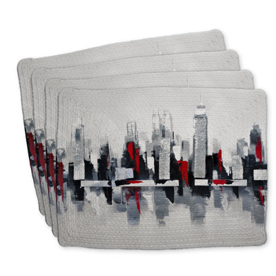 Gray and Red Cityscape Braided Polyester Placemats - Set of 4
