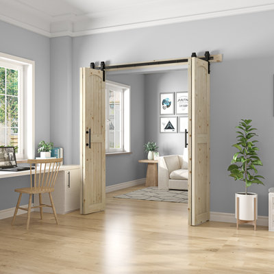 Assembled Arch Top 84In. Knotty Pine Wood Double Bi-Fold Barn Door With Hardware Kit