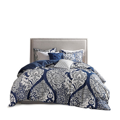 Full/queen Printed Duvet Cover With Button Closure And Inside Tie Feature 6 Piece Transitional In Fabric Manipulation Pillows
