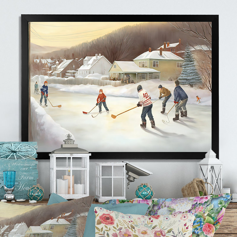 Enfants jouant au hockey en hiver IV - art mural de hockey sportif pour le salon, Impression noire sur toile encadrée
