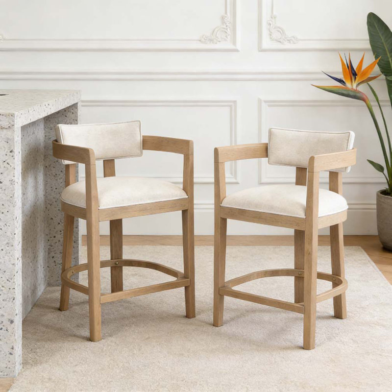 26" Counter Height Bar Stool, Fabric Beige, Natural Ash