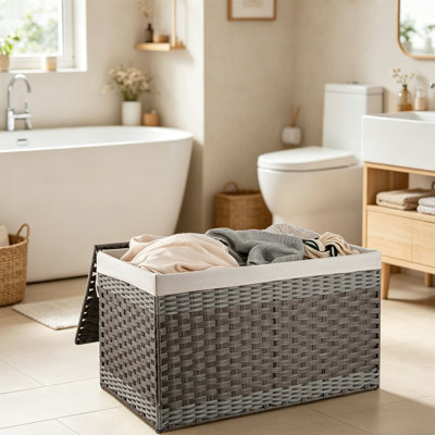 Grand panier de rangement en osier avec couvercle, panier en rotin PP tissé à la main, pour salle de lavage