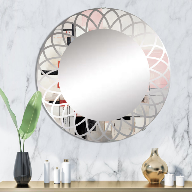 Miroir mural rond beige et rose, 32 po x 32 po