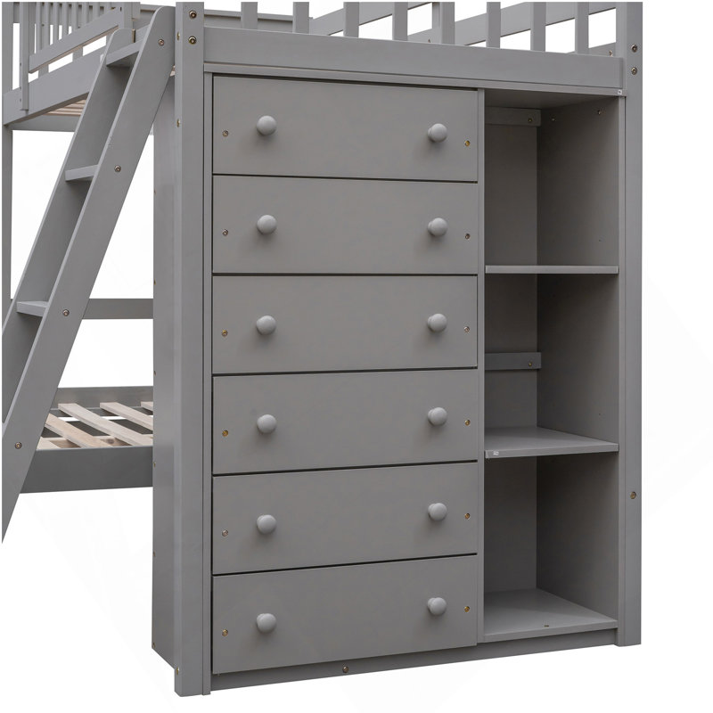 Lit superposé simple au-dessus d'un lit double en bois avec six tiroirs et tablettes flexibles, lit inférieur à roulettes, gris