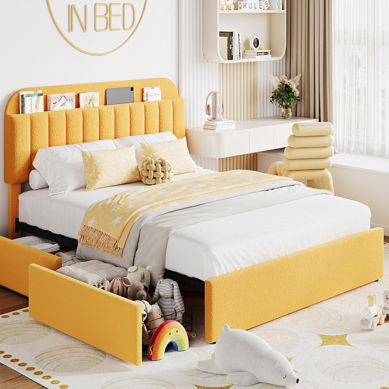 Full Bed Frame with Storage Headboard and 2 Drawers Kids Upholstered Platform Bed with Bookcase Sturdy Wooden Slats Support No Box Spring Needed Noise FreeYellow