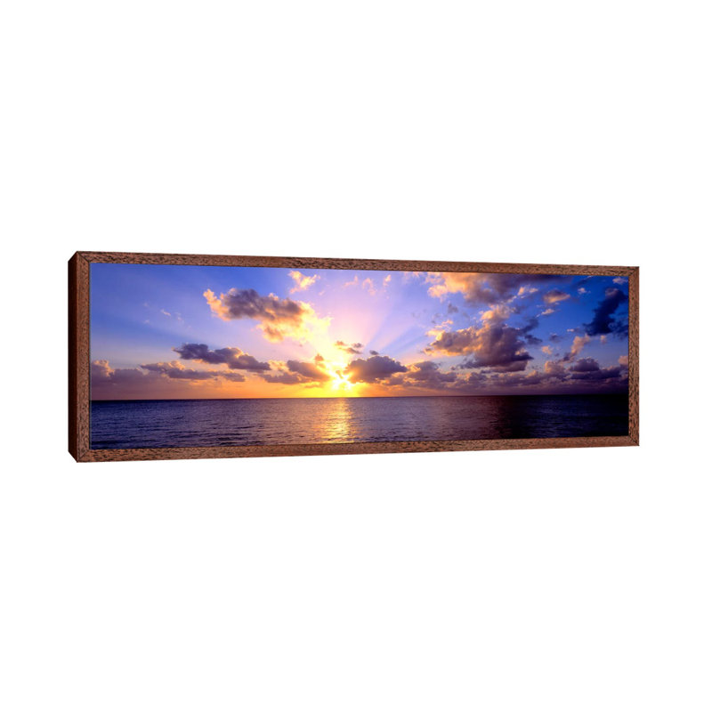 Sunset 7 Mile Beach Cayman Islands Caribbean - Panoramic Print on Canvas, Classic Brown Wood Framed, 30.48 cm H x 91.44 cm W