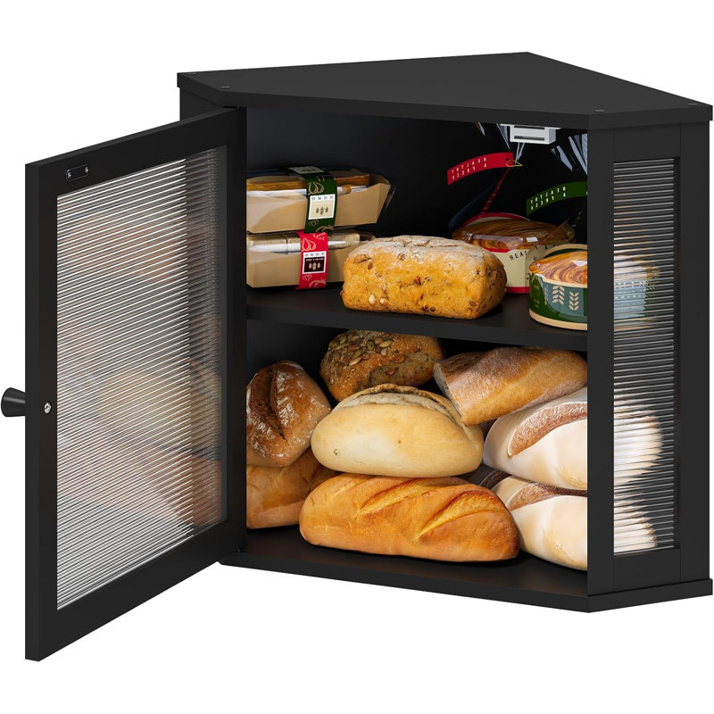 Boîte à pain de coin pour comptoir de cuisine, boîte à pain en bois de bambou noir, bac de rangement de pain de grande capacité avec panneau de porte ondulé en acrylique (noir, moyen)