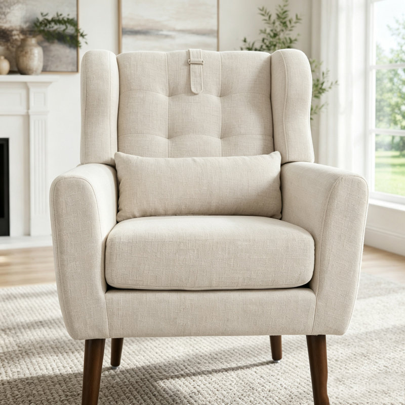 Chaise d'appoint en chenille beige moderne avec pieds en bois, Chenille beige