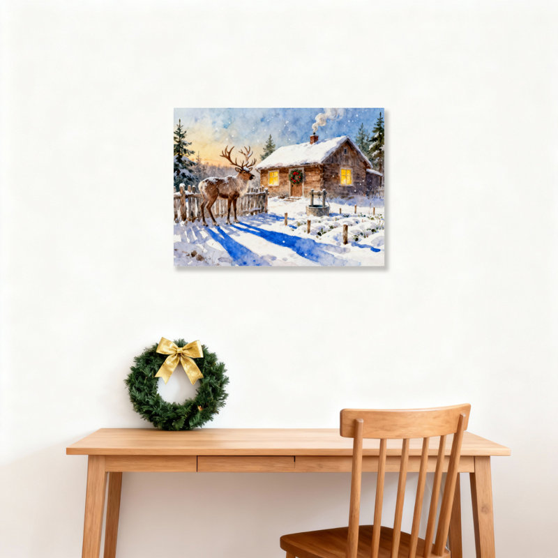 «Winter Cabin Deer», art mural sur toile, H 24 po x l 36 po