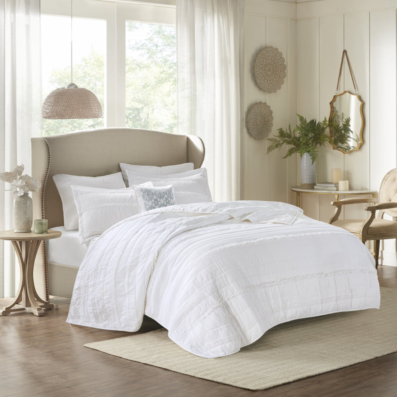 Ensemble de courtepointe réversible en microfibre à volants avec coussin décoratif 4 pièces Celeste, Blanc