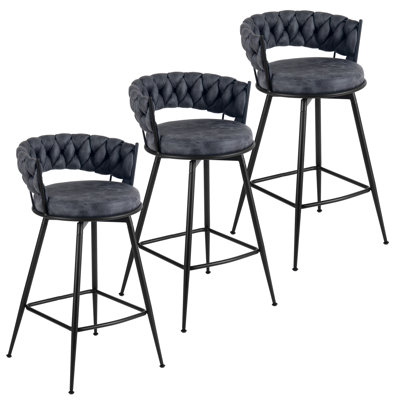 Modern Suede Fabric Upholstered Bar Stool With Woven Look Backrest & Fixed Black Metal Frame Stable Counter Height Stool For Kitchen Breakfast Bar Or Cafe