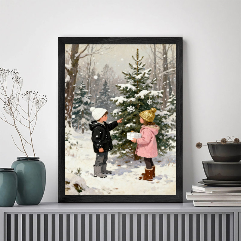 Garçon et fille encadrés noirs décorant un arbre de Noël dans une forêt enneigée avec art mural, H 17 po x l 13 po