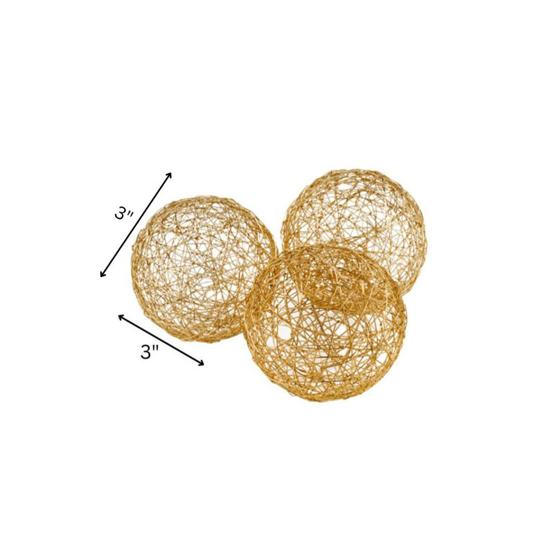 Yadelis Guita Gold Wire Spheres/3"D - Box of 3, 3" H x 3" W x 3" D, Gold