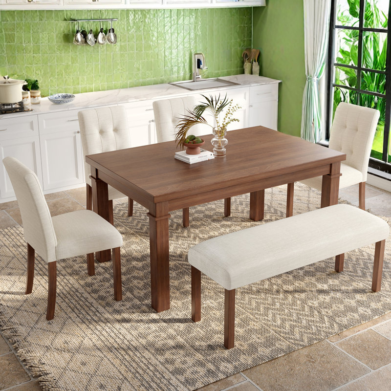 Hearthstone 6-Piece Farmhouse Dining Table Set With Sturdy Frame And Ergonomic Seating, Beige/Walnut, Walnut