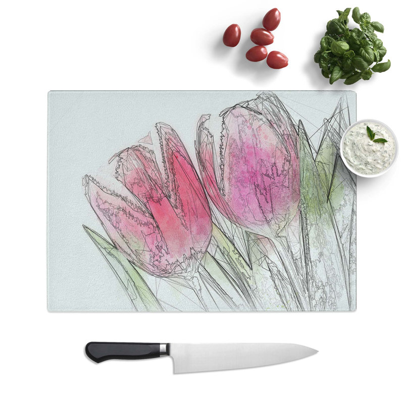 Tempered Glass Pair of Tulip Flowers Chopping Board, 39 cm W x 28.5 cm L