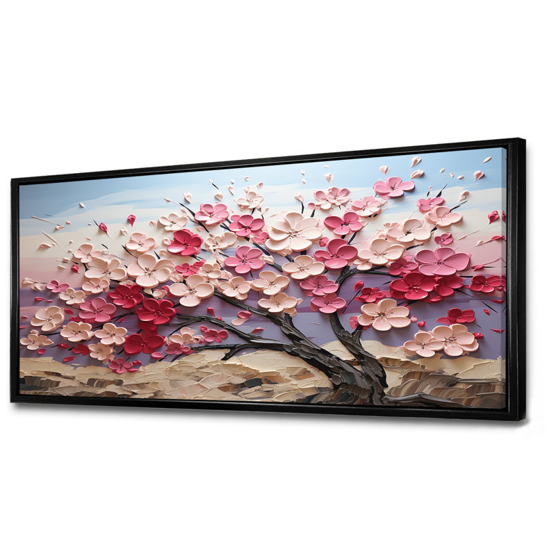Rose et blanc orchidée branches arbre I - arbre, art mural sur toile, Cadre flottant noir, H 28 po x l 60 po x P 1,5 po
