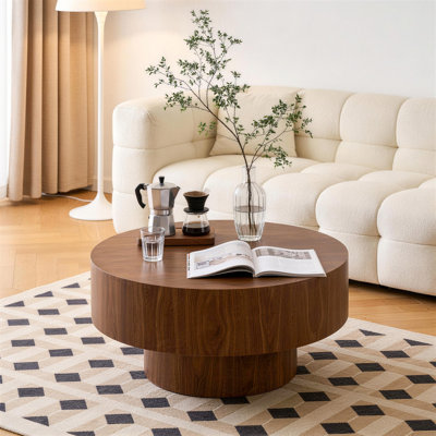 30.5'' Modern Drum Round Wooden Dark Brown Coffee Table For Living Room&bedroom