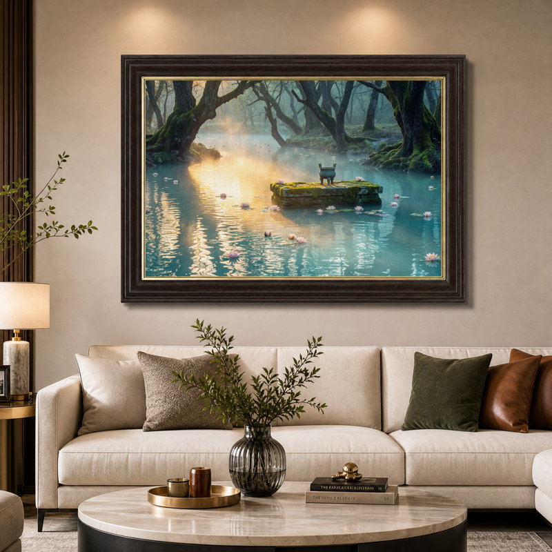 Tableau sur toile représentant un étang brumeux avec des fleurs de lotus et un pot en bronze, 12"H x 18"W