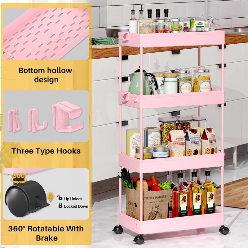 Rolling Storage Cart, Pink, 33.5" H x 8.66" W x 15.75" D