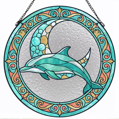 Dolphin Moon Stained Glass Window Panel，12"H