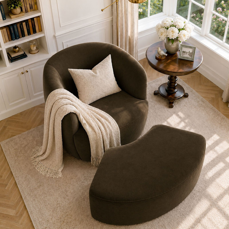 Petit fauteuil de salon rembourré en velours avec repose-pieds Anton, Brown