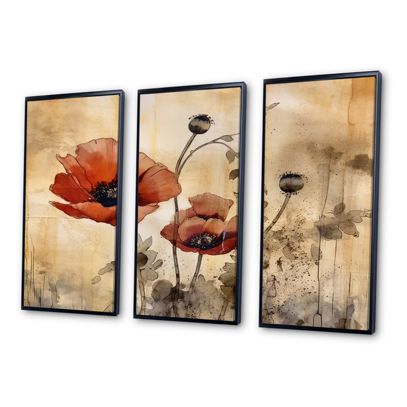 Vin catégorie de coquelicots rouges se balançant dans la brise - ensemble d'art sur toile coquelicots, Cadre flottant noir